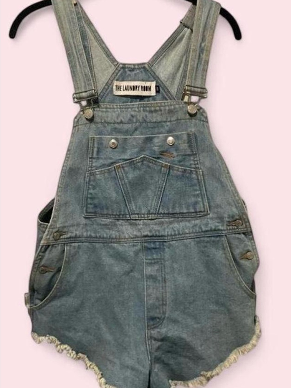 The Laundry Room Light Blue Denim Short Overalls with Frayed Hem